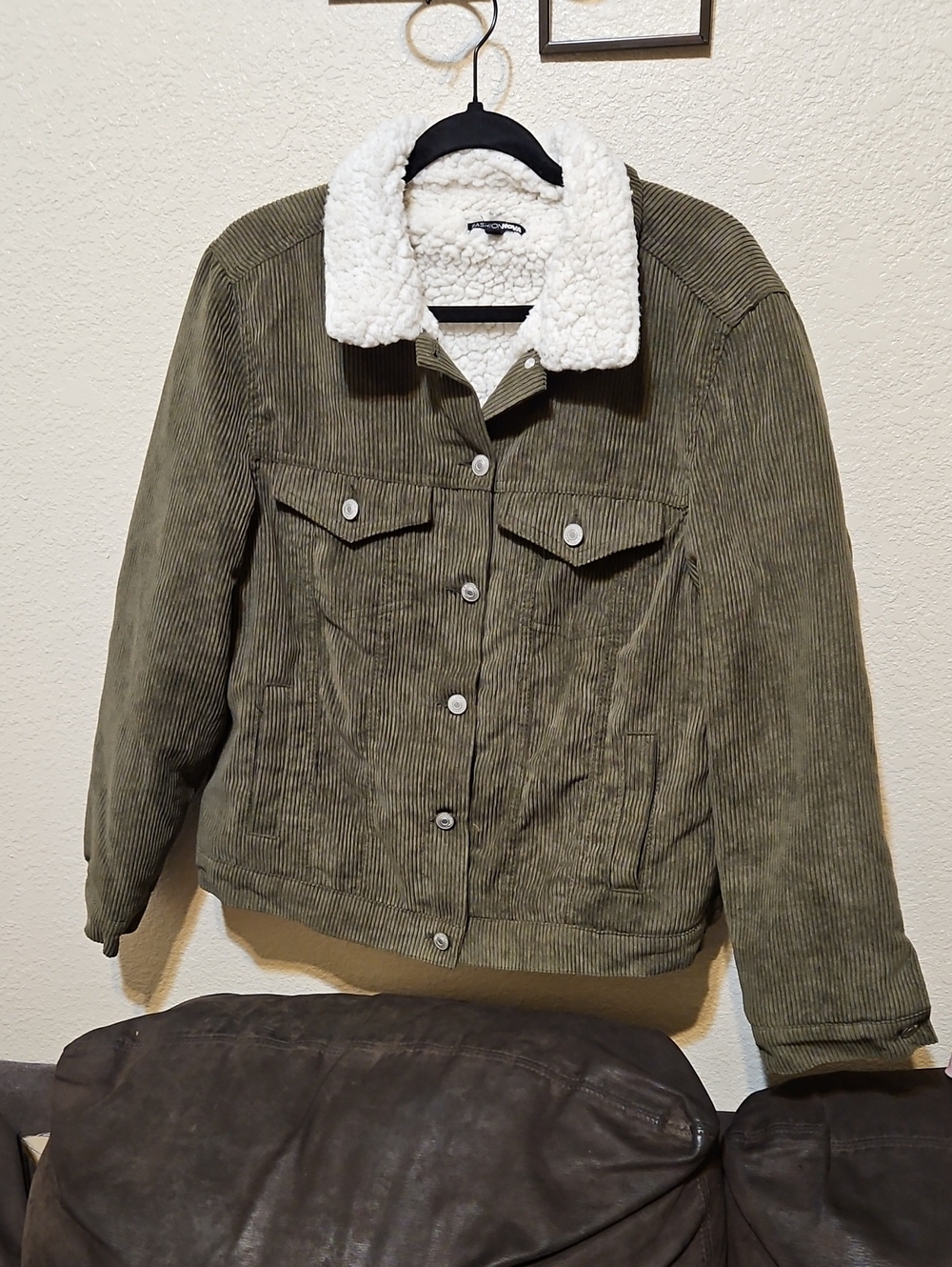 Fashion Nova Olive Green Corduroy Teddy Jacket with White Sherpa Collar